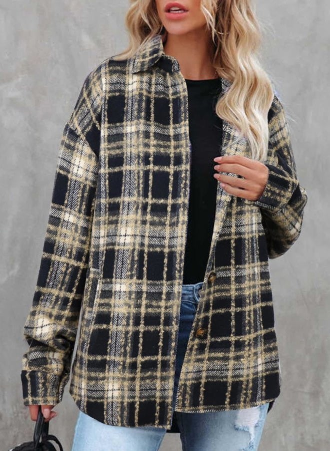 Beaully Women's 2025 Fall Clothes Plaid Shacket Jacket Long Sleeve Button Down Flannel Shirts Fashion Jacket, Black Brown, XXL - Image 5