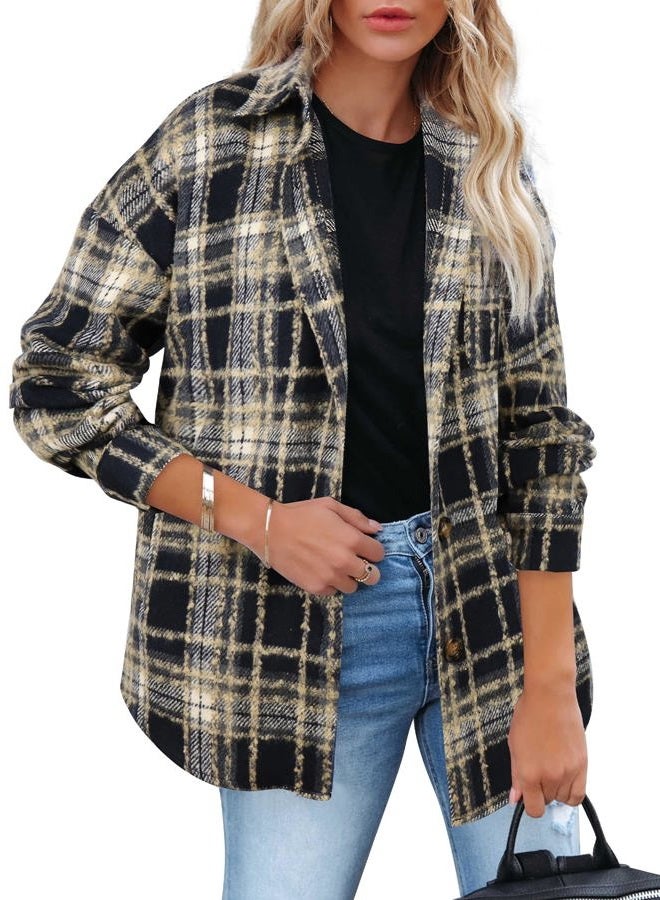 Beaully Women's 2025 Fall Clothes Plaid Shacket Jacket Long Sleeve Button Down Flannel Shirts Fashion Jacket, Black Brown, XXL - Image 2
