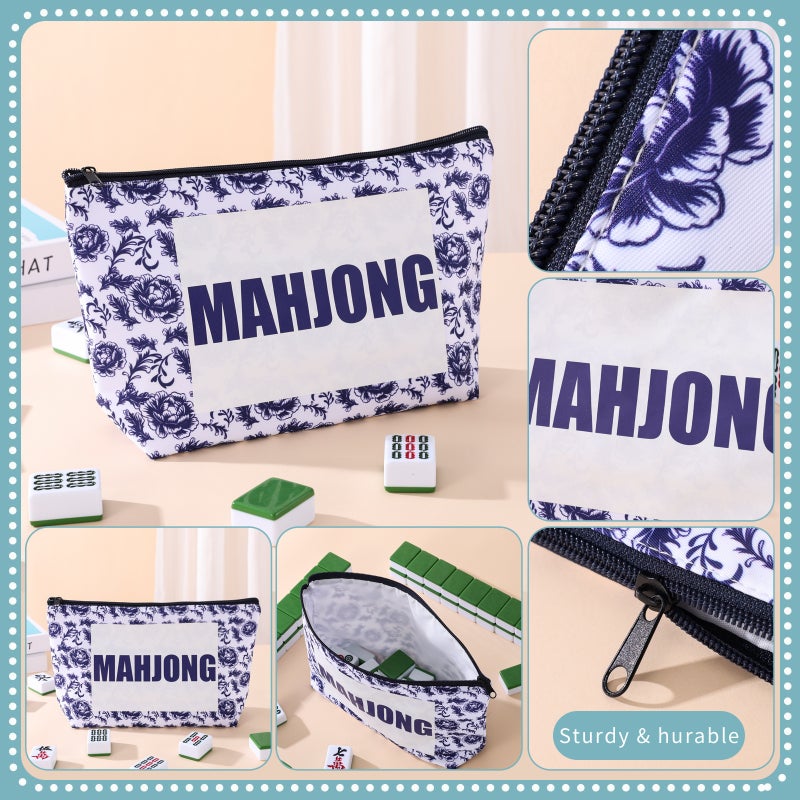 Blue and White Porcelain Print Mahjong Cosmetic Bag with Zipper - Image 4