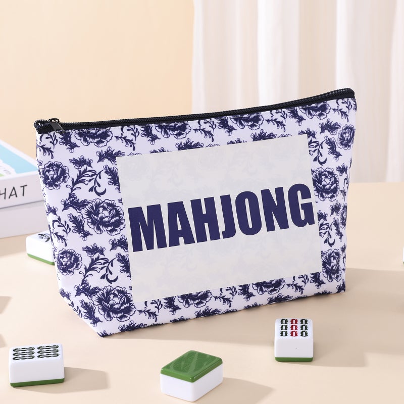 Blue and White Porcelain Print Mahjong Cosmetic Bag with Zipper - Image 1