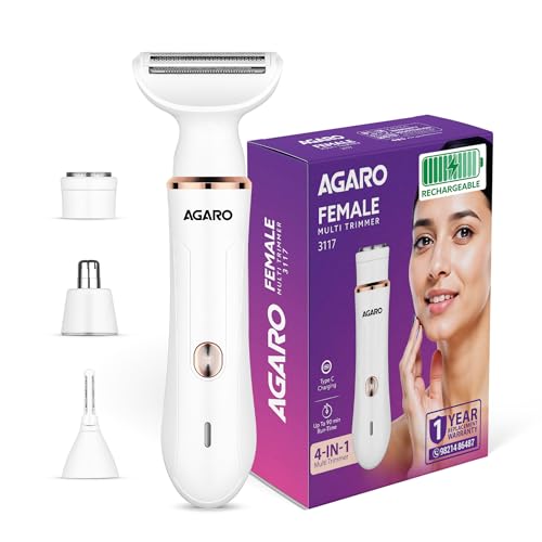 AGARO Female Multi Trimmer 3117 – Facial Hair Removal Machine, Bikini Trimmer, Eyebrow & Nose Hair Trimmer Painless body hair trimming. Type-C charging, up to 90 minutes runtime,White. - Image 1