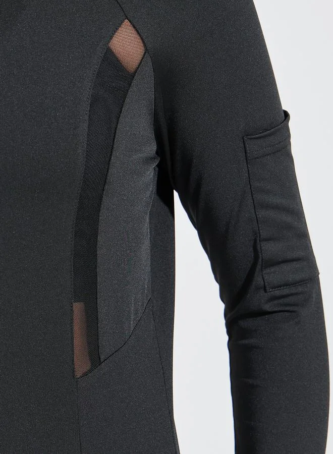 Styli Mesh Detail Arm Sleeve Pocket Zip-Up Jacket