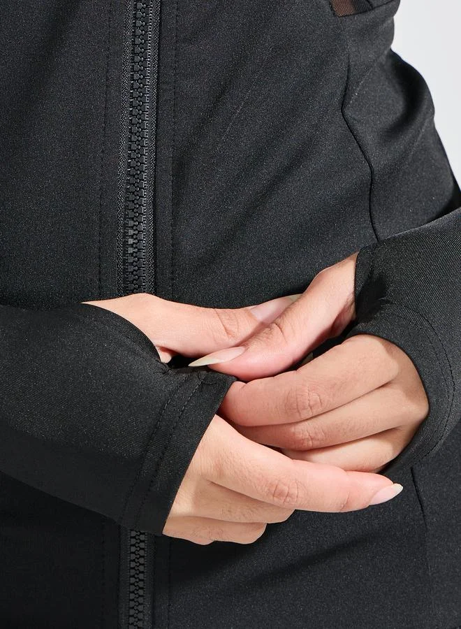 Styli Mesh Detail Arm Sleeve Pocket Zip-Up Jacket