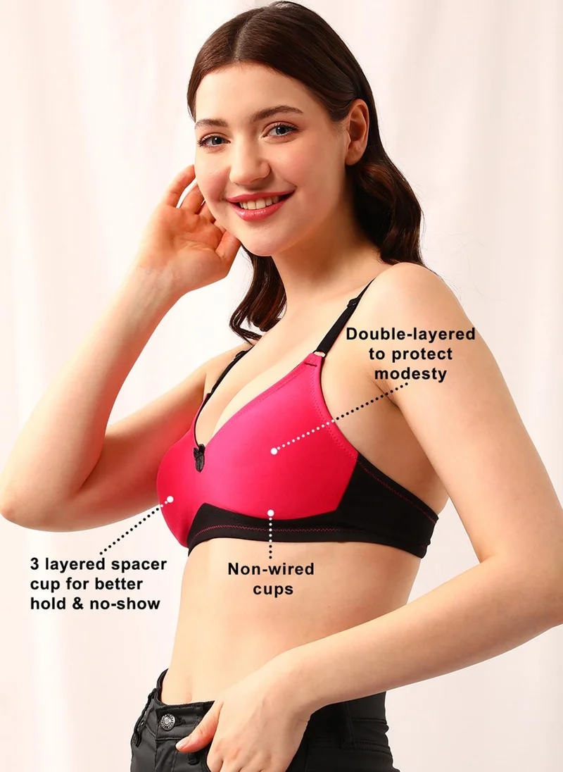 Clovia Pink Clovia Non-Padded Non-Wired Full Coverage Spacer Cup T-shirt Bra in Hot Pink - Cotton for Women | Best Price UAE