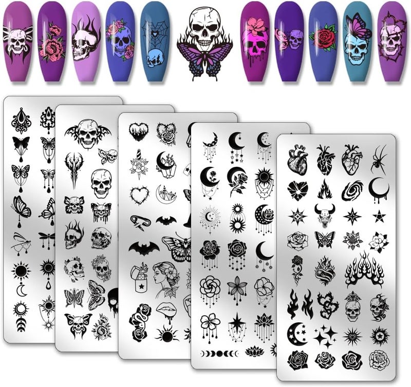 PH PandaHall 5pcs Halloween Nail Stamping Plates Gothic Skull Nails Art Stencils Moon Star Manicure Art Templates Butterfly Flower Print Nail Stencils for Women Manicures Salon Designs 12x6cm