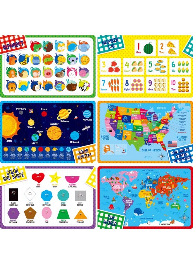 SpriteGru 6 Pack Placemats for Kids, Non-Slip Washable, Reusable Alphabet, Number, Shape & Color, Universe, Map Themed Educational Placemats for Home, Kindergarten, Classroom, Nursery - Image 1