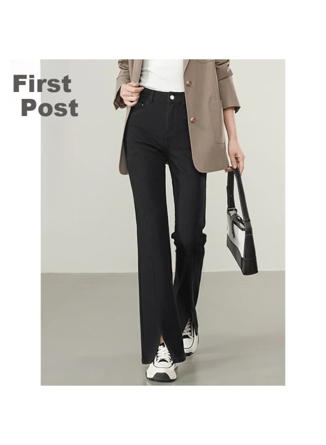 Chushen Women's Spring And Autumn High-waist Slim Fit Classic Black Split Hem Flared Jeans S53n110