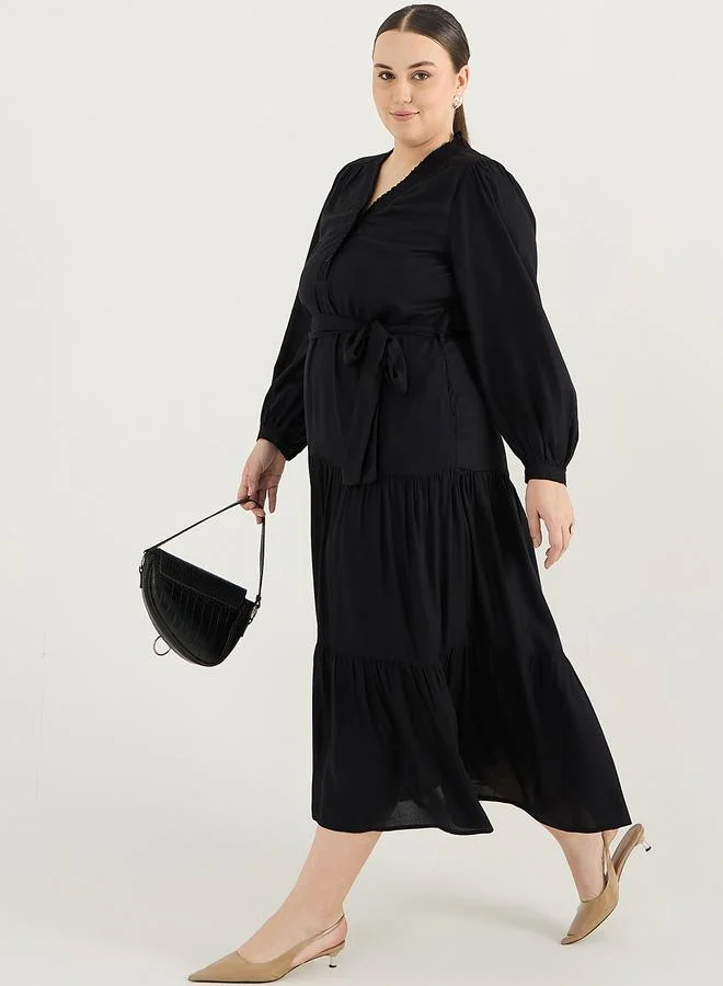 Femmella Plus Size Black Smocking Detailed Tiered Maxi Dress