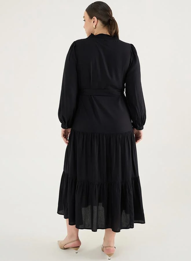 Femmella Plus Size Black Smocking Detailed Tiered Maxi Dress