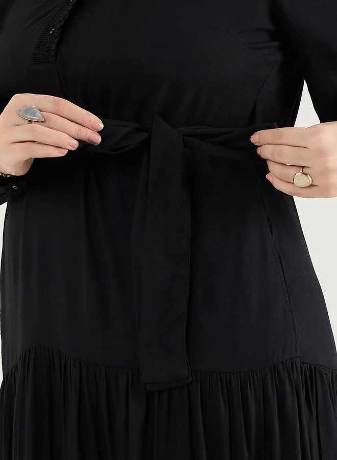 Femmella Plus Size Black Smocking Detailed Tiered Maxi Dress