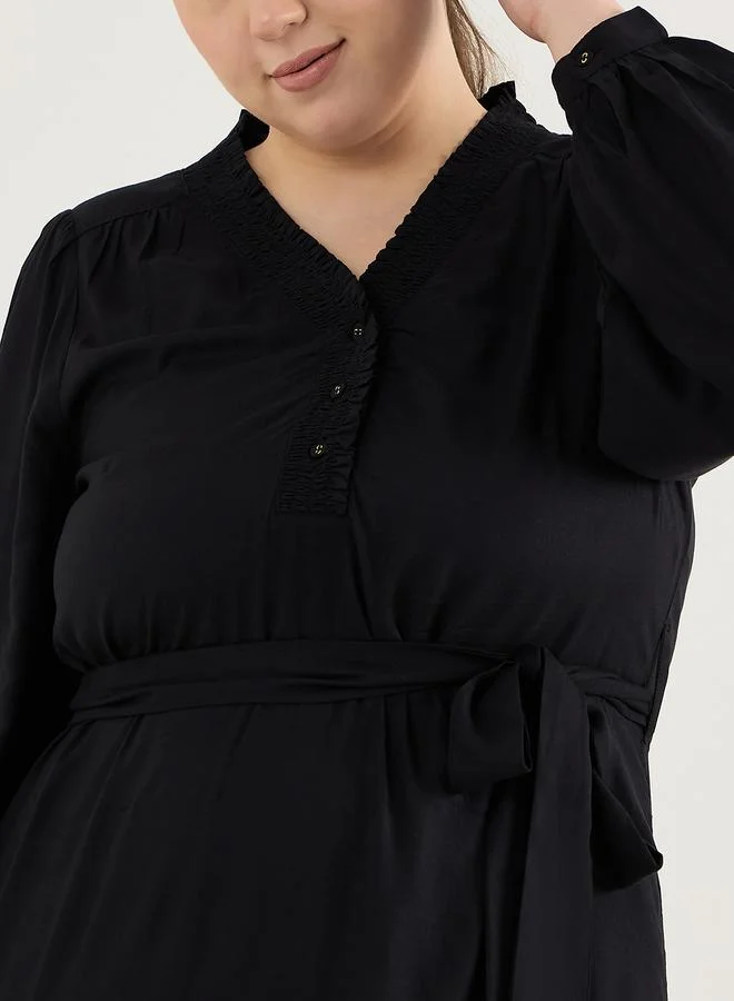 Femmella Plus Size Black Smocking Detailed Tiered Maxi Dress