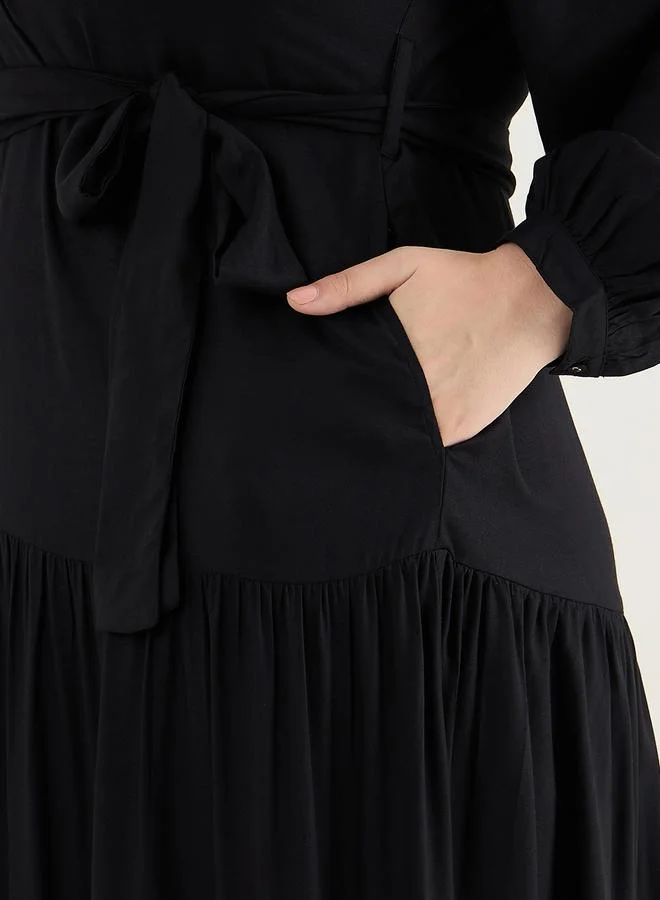 Femmella Plus Size Black Smocking Detailed Tiered Maxi Dress