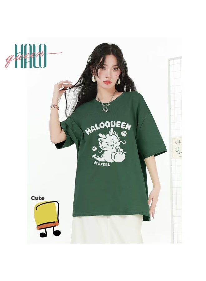 HALOQUEEN Halo Queen Women's Short-sleeve T-shirt, Summer Cool-feeling Little Dragon Print T-shirt, Loose-fitting Large Version Slimming Top, H133t1568 - Image 1