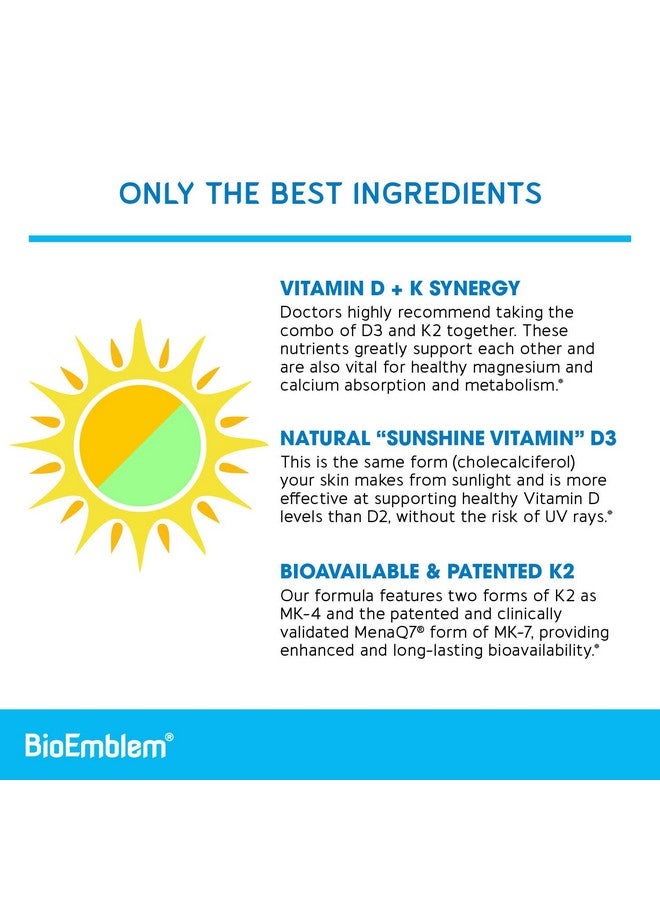 BioEmblem BioEmblem Vitamin D3 K2 Capsules (5000IU and 200mcg) - Patented MK7 and MK4 for 3-in-1 Complex Support - Vegetarian Vitamin D K2 Supplement for Teeth, Heart, Immune System - Non-GMO, 90 Caps - Image 3