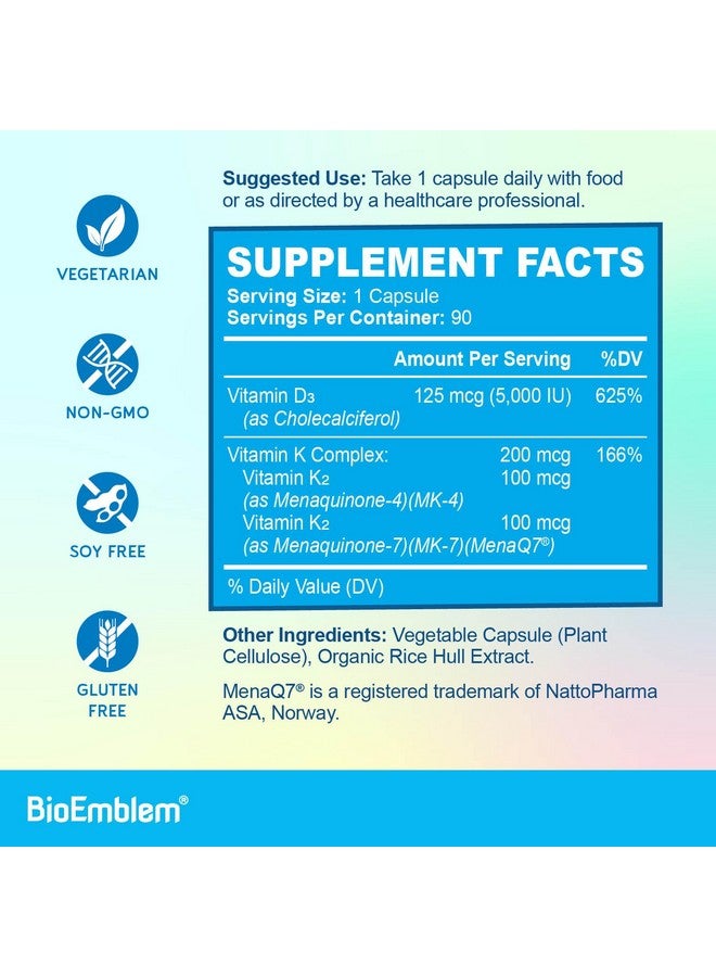 BioEmblem BioEmblem Vitamin D3 K2 Capsules (5000IU and 200mcg) - Patented MK7 and MK4 for 3-in-1 Complex Support - Vegetarian Vitamin D K2 Supplement for Teeth, Heart, Immune System - Non-GMO, 90 Caps - Image 4