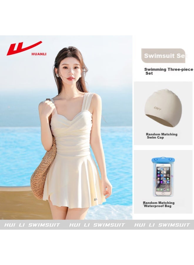 Pull Back Backforce Women's One-piece Swimsuit Dress Style Tummy Covering Slimming High-end Sense Bubble Hot Spring Vacation 15255h1l White M - Image 1