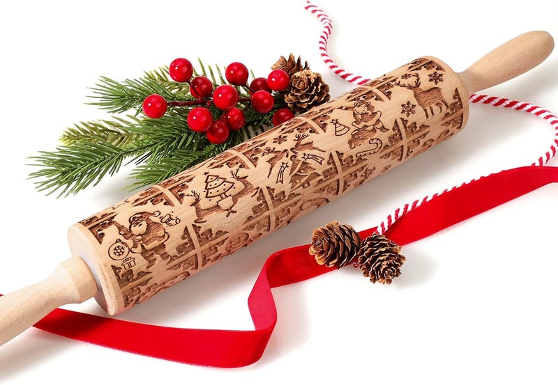 XINBADA 17" Premium Wooden Rolling Pins for Baking with Stamp Embossed Designs | 3mm Deep Springerle Cookie Molds | Christmas Rolling Pin & Baking Gifts for Women | Includes 3-in-1 Cleaning Brush - Image 1
