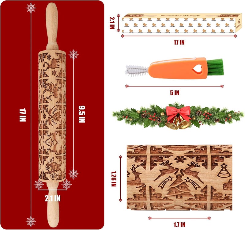XINBADA 17" Premium Wooden Rolling Pins for Baking with Stamp Embossed Designs | 3mm Deep Springerle Cookie Molds | Christmas Rolling Pin & Baking Gifts for Women | Includes 3-in-1 Cleaning Brush - Image 2