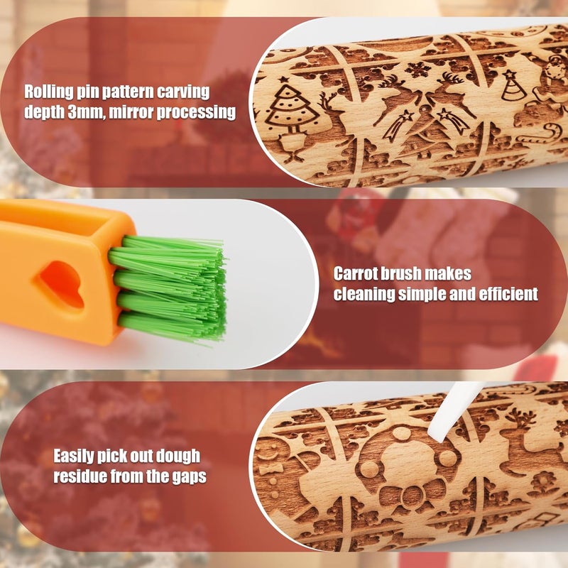 XINBADA 17" Premium Wooden Rolling Pins for Baking with Stamp Embossed Designs | 3mm Deep Springerle Cookie Molds | Christmas Rolling Pin & Baking Gifts for Women | Includes 3-in-1 Cleaning Brush - Image 4