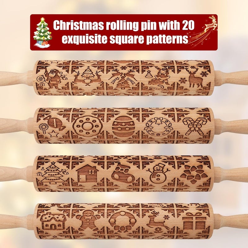 XINBADA 17" Premium Wooden Rolling Pins for Baking with Stamp Embossed Designs | 3mm Deep Springerle Cookie Molds | Christmas Rolling Pin & Baking Gifts for Women | Includes 3-in-1 Cleaning Brush - Image 3