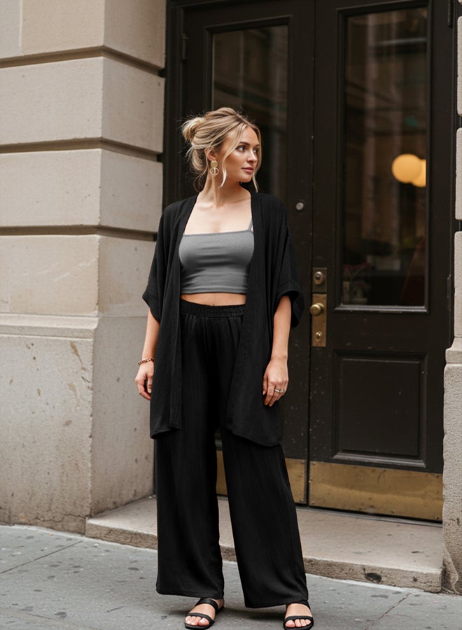 trendyol Black Kimono and Wide Leg/Wide Leg Pants Woven Two-Piece Bottom-Top Suit - Image 1