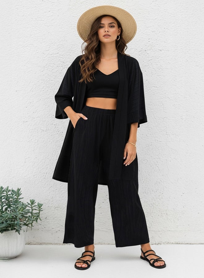 trendyol Black Kimono and Wide Leg/Wide Leg Pants Woven Two-Piece Bottom-Top Suit - Image 2