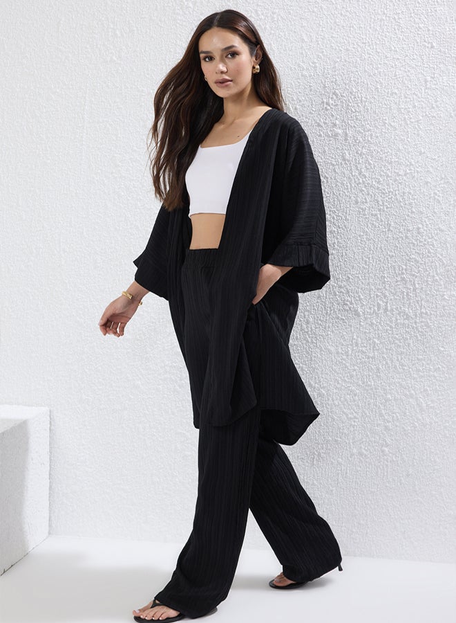 trendyol Black Kimono and Wide Leg/Wide Leg Pants Woven Two-Piece Bottom-Top Suit - Image 4