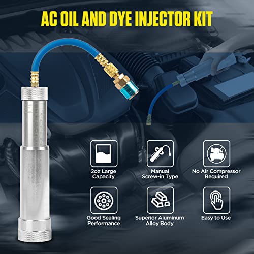 KAISAL AC Oil and Dye Injector Screw-in Type AC Oil Injector Tool 2Oz AC Dye Kit with Scale, R410A R134A Refrigerant Recharge Kit HVAC, Engine Oil Dye Injector Automotive with R134A Coupler & 1/4" SAE Thread - Image 2