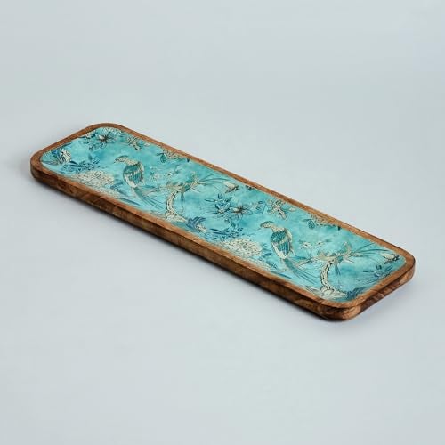 SAAGA Mango Wood Printed Rectangular Platter – 17x5 Inch Serving Tray for Snacks, Fruits & Desserts – Artistic Brown & Blue Kitchen and Dining Tray - Image 4