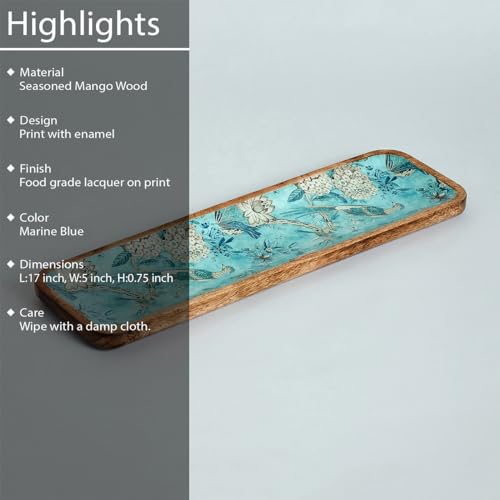 SAAGA Mango Wood Printed Rectangular Platter – 17x5 Inch Serving Tray for Snacks, Fruits & Desserts – Artistic Brown & Blue Kitchen and Dining Tray - Image 3