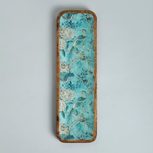 SAAGA Mango Wood Printed Rectangular Platter – 17x5 Inch Serving Tray for Snacks, Fruits & Desserts – Artistic Brown & Blue Kitchen and Dining Tray - Image 5