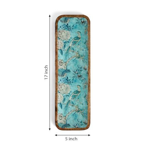 SAAGA Mango Wood Printed Rectangular Platter – 17x5 Inch Serving Tray for Snacks, Fruits & Desserts – Artistic Brown & Blue Kitchen and Dining Tray - Image 2