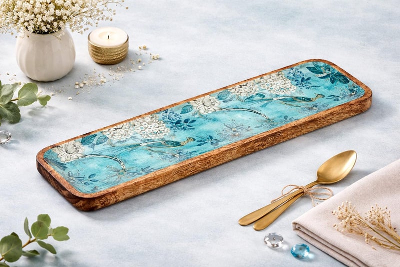 SAAGA Mango Wood Printed Rectangular Platter – 17x5 Inch Serving Tray for Snacks, Fruits & Desserts – Artistic Brown & Blue Kitchen and Dining Tray - Image 1