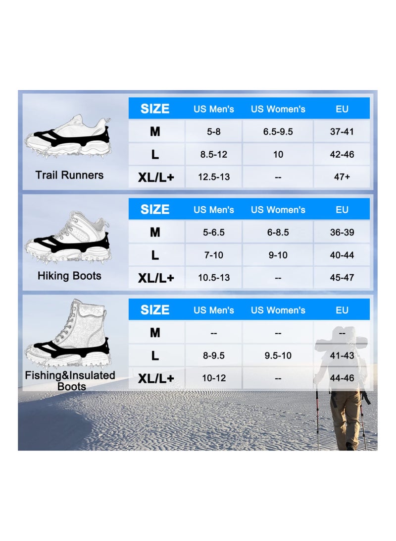 Non-Slip Ice Traction Cleats with 19 Stainless Steel Spikes for Shoes, Ideal for Walking, Jogging, Climbing, Hiking, and Mountaineering in Snow and Ice Conditions.