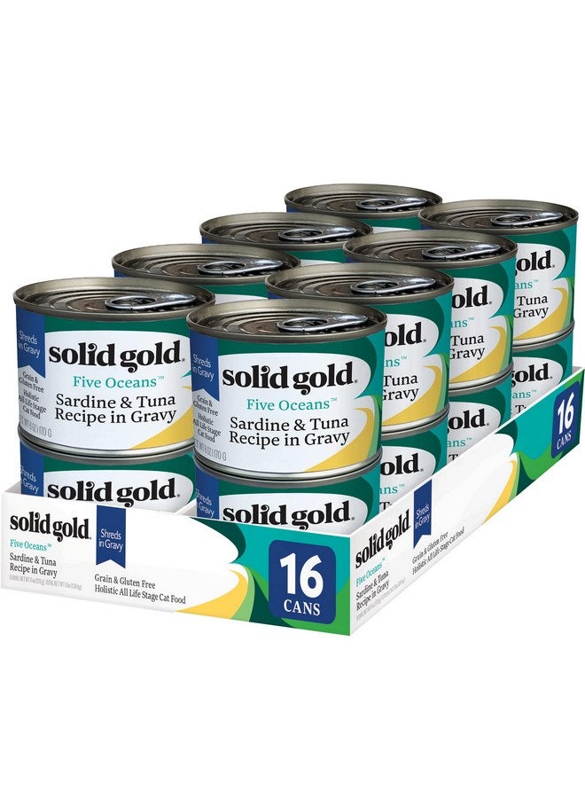 Solid Gold Wet Cat Food Shreds in Gravy - Canned Cat Food Made w/Real Tuna & Sardine - Five Oceans Grain Free 16ct/6oz Can - Image 1
