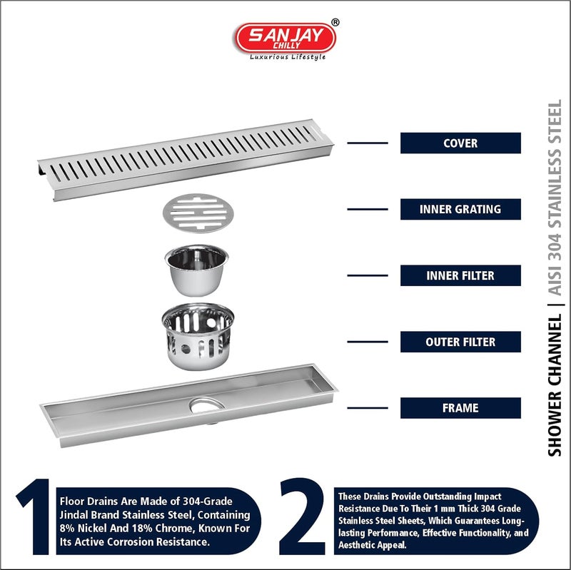 SANJAY CHILLY Vertical Shower Drain Channel | 304 Grade Stainless Steel Shower Water Drain Channel | Floor Jali with Cockroach Trap Collar Bathroom Gratings (Classic - Center Hole - 24x4 INCH) - Image 3