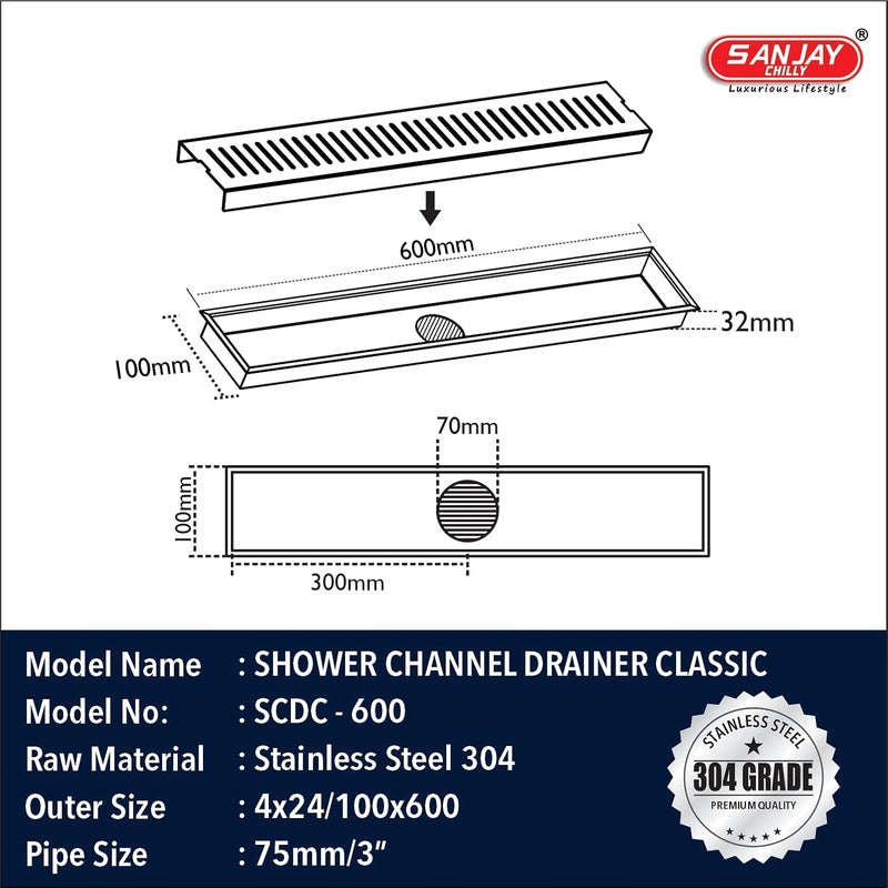 SANJAY CHILLY Vertical Shower Drain Channel | 304 Grade Stainless Steel Shower Water Drain Channel | Floor Jali with Cockroach Trap Collar Bathroom Gratings (Classic - Center Hole - 24x4 INCH) - Image 2
