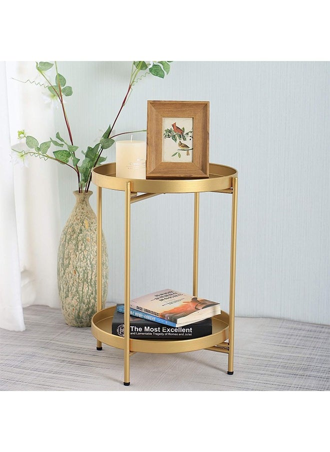 Taimi - Gold Folding End Table 2-Tier Metal Round Side Table with Removable Tray for Living Room - Image 1