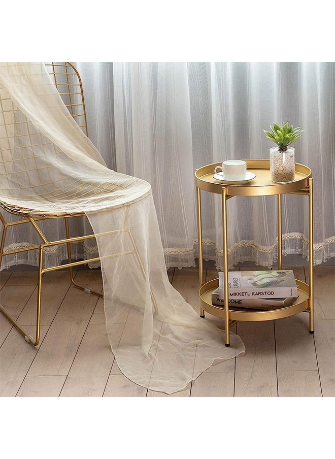 Taimi - Gold Folding End Table 2-Tier Metal Round Side Table with Removable Tray for Living Room - Image 1