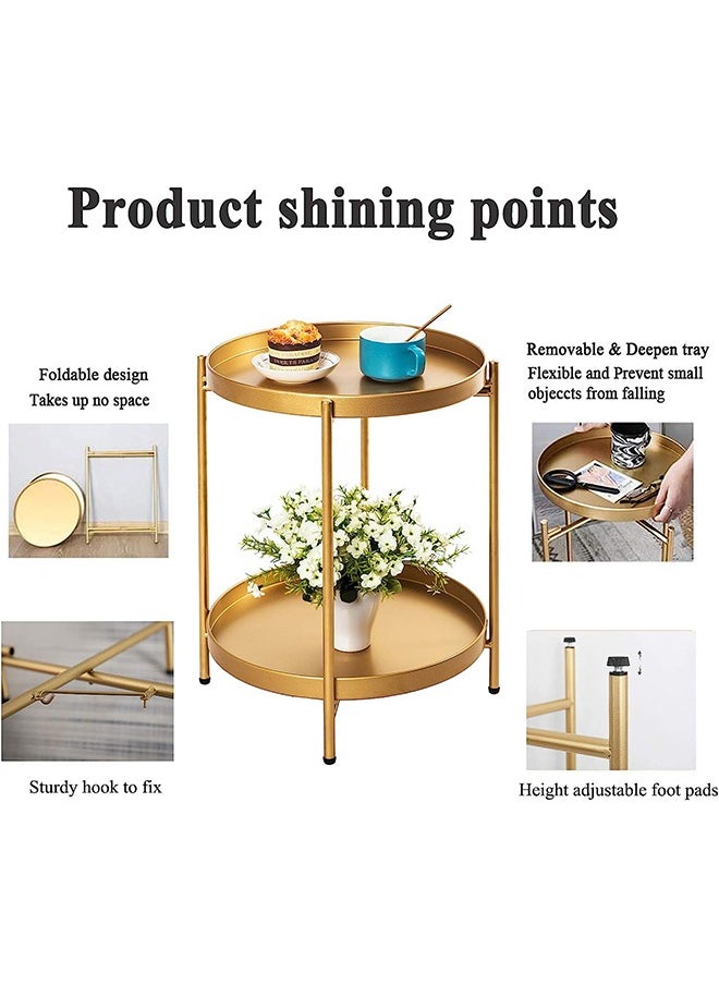 Taimi - Gold Folding End Table 2-Tier Metal Round Side Table with Removable Tray for Living Room - Image 1