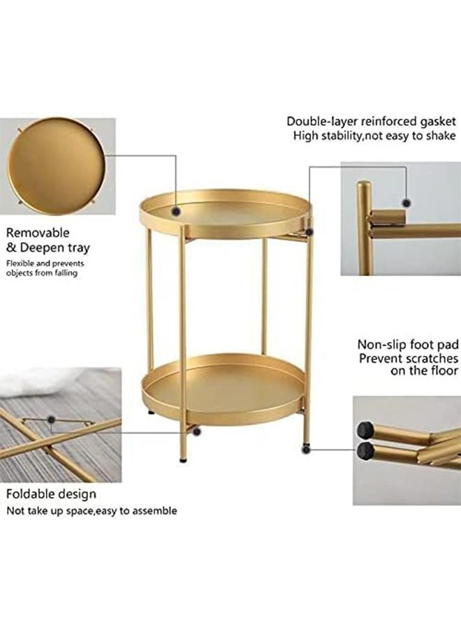 Taimi - Gold Folding End Table 2-Tier Metal Round Side Table with Removable Tray for Living Room - Image 1