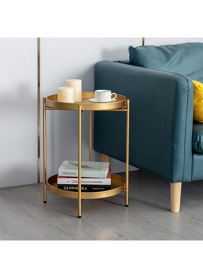 Taimi - Gold Folding End Table 2-Tier Metal Round Side Table with Removable Tray for Living Room - Image 1