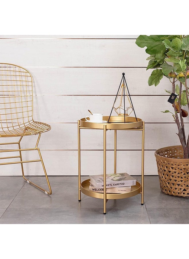 Taimi - Gold Folding End Table 2-Tier Metal Round Side Table with Removable Tray for Living Room - Image 1