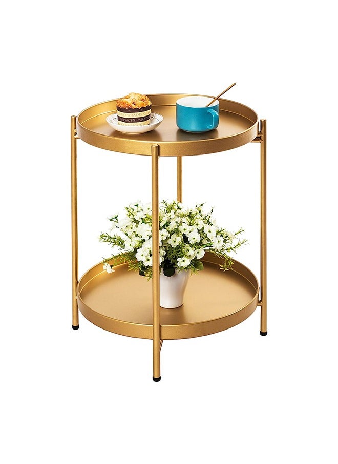 Taimi - Gold Folding End Table 2-Tier Metal Round Side Table with Removable Tray for Living Room - Image 1