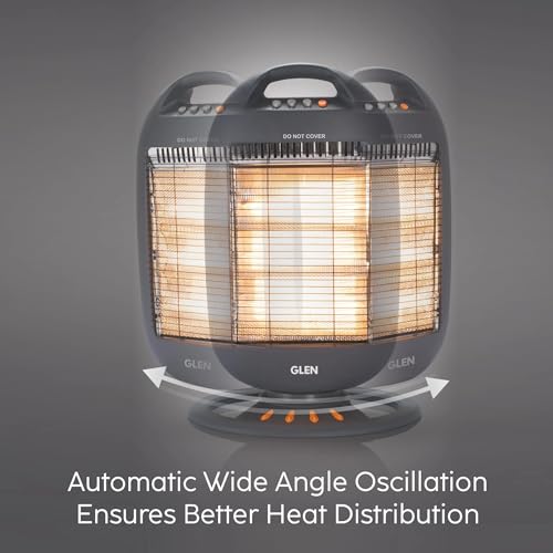 Glen Electric Halogen Room Heater 1200W, with 3 Heat Settings, Rapid Heating, ISI Certified, Wide Angle Oscillation, Grey/Black - HA7017 - Image 4