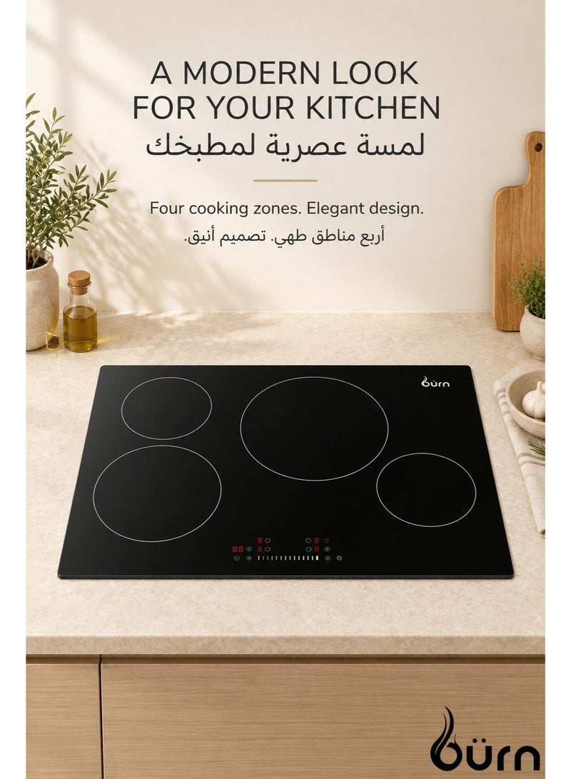 BURN 4 Zone Induction Hob 60 cm | Touch Control | Fast Heating | Child Lock | Easy Clean Glass Surface | Built-In Electric Cooktop | CE Certified - Image 1