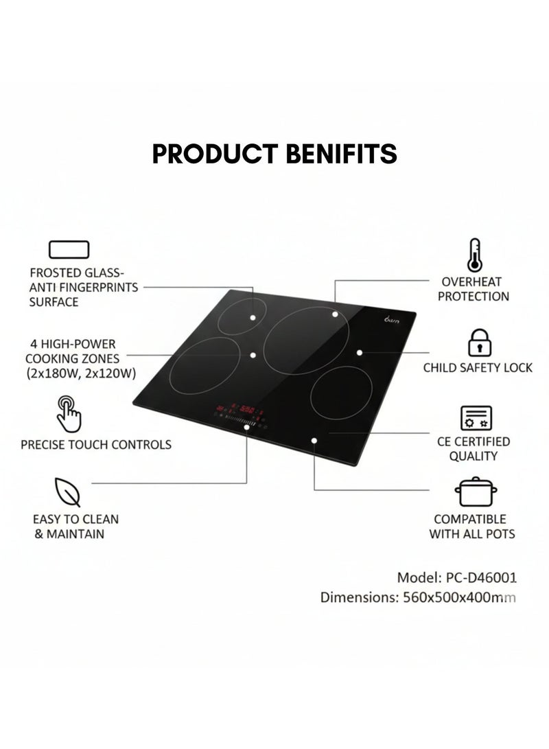 BURN 4 Zone Induction Hob 60 cm | Touch Control | Fast Heating | Child Lock | Easy Clean Glass Surface | Built-In Electric Cooktop | CE Certified - Image 4