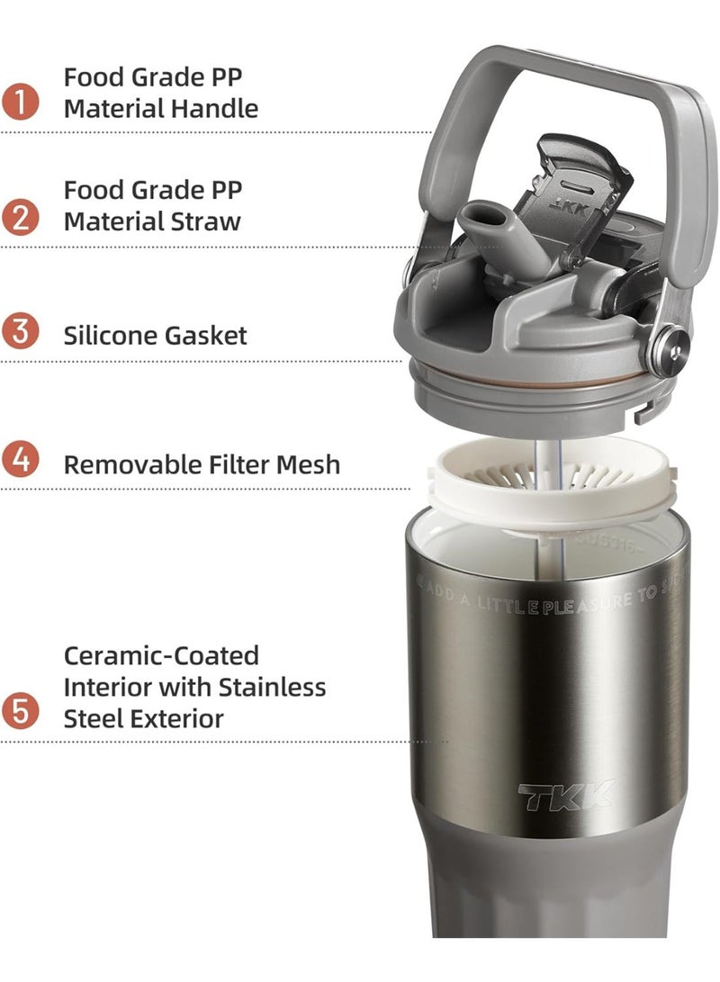 TKK 24 oz Ceramic Coated Tumbler with Straw Lid, 18/10 Stainless Steel Vacuum Tumblers, Leakproof Double Walled Iced Car Cup with Handle & Tea Infuser& Dishwasher Safe, for Hot & Cold Drinks, Grey - Image 4