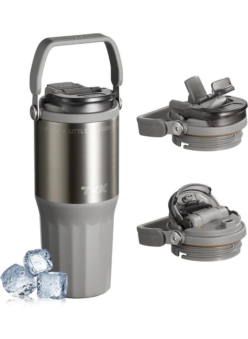 TKK 24 oz Ceramic Coated Tumbler with Straw Lid, 18/10 Stainless Steel Vacuum Tumblers, Leakproof Double Walled Iced Car Cup with Handle & Tea Infuser& Dishwasher Safe, for Hot & Cold Drinks, Grey - Image 1