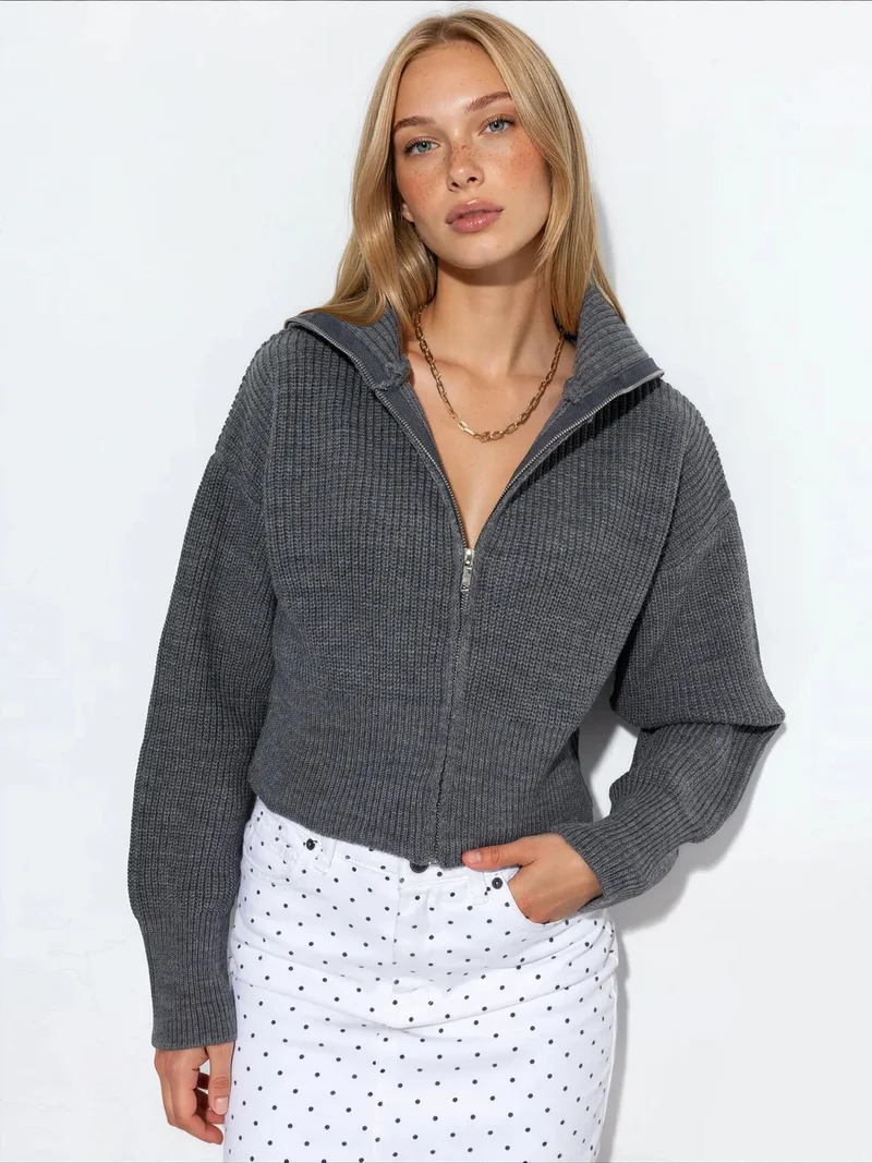 فيورنا VIORNA Women’s Cropped Ribbed Zip Cardigan